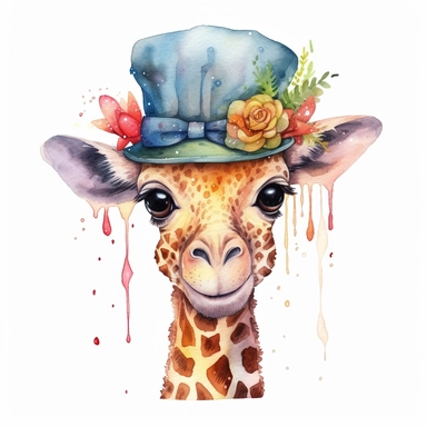 a captivating watercolor clipart image with a white background and white margins, featuring a cute sweet kawaii extremely happy smiling baby giraffe in a hat and a tie. The ultra-detailed, hand-drawn elements capture the details. Use vibrant shades of var