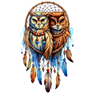three colorful watercolor owls with a dream catcher, in the style of cartoon realism, dye-transfer, uhd image, free brushwork, captivating, colorful realism Clipart desert cartoon t-shirt graphic, vector,contour, isolated on a white background