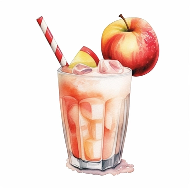 watercolor, hyper realistic, white background, white margins, 16k, ultra detailed clipart, cut out image, hand-drawn apple fruit shake drink
