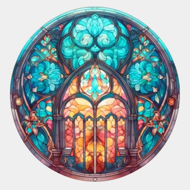 an intricate stained glass window design clipart, in the style of pastel gothic, #screenshotsaturday, reimagined religious art, islamic art and architecture, watercolor illustrations, cyan and amber, no background