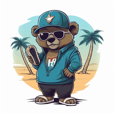 Design a hip hop teddy bear clipart performing on the beach. Show the bear wearing stylish sunglasses, holding a microphone, and surrounded by palm trees, vector, white background, easy to cut, 32k