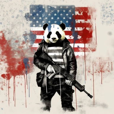 Panda dressed as a graffiti artist holding a gun black and white, silhouette of American flag background, minimalist clip art by Mr. Brainwash ar 4:7