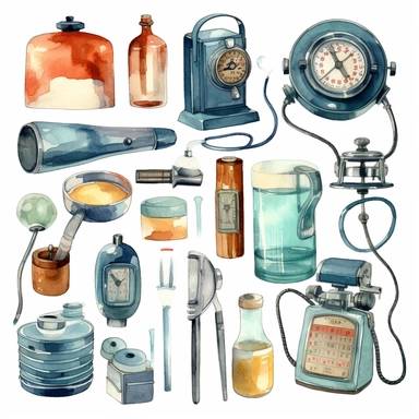 watercolor doctor related scenes  Medical Equipment Items for doctor's clinic, illustrations clipart set, simple, , cartoon elements ,different variants , nurse, doctor, stethtescope, mechanical body weighing scale, microscope, ,separate elements with a margin
