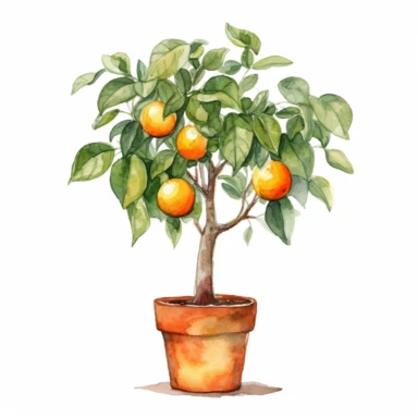 tall skinny orange tree in a pot, watercolor clipart, minimalist, bright colors, isolated white background, 8k