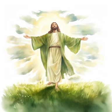 watercolor Jesus stands on a lush green field, his arms outstretched towards the heavens above. His white robe flows in the breeze as the sun's rays cast a warm glow over his serene face. Above him, a beam of light pierces through the clouds, illuminating his uplifted hands in a divine aura. Outstanding vivid design png realistic full body cartoon in 32K UHD cute 15cm thick outline no shadows on 8k background with realistic watercolors. And detailed illustrations PNG clipart transparent white ba