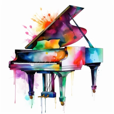 Clipart, watercolor, white background: A piano with colorful keys, representing creativity and individuality in music expression.