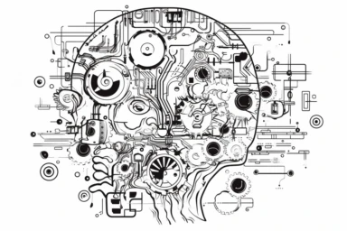 A one line vector of technology, in the style of mechanical animation, clipart, clean look at how technology can make complex things easier to understand, no words, white background