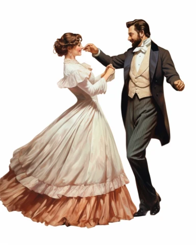 detailed beautiful lady , dressed in a victorian vintage dress , dancing with a man, hyper realistic, 8k, isolated on white backgorund, clipart