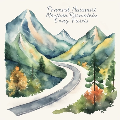 Hand-painted watercolor clipart set on white background featuring the breathtaking scenery of a cycling path in the mountains. This set captures the awe-inspiring beauty of mountainous landscapes with a winding cycling path nestled amidst towering peaks, lush forests, and cascading waterfalls. The color palette reflects the natural tones of the mountains, including shades of greens, blues, and earthy hues. Created with meticulous brushstrokes, inviting you to embark on an adventurous cycling jou