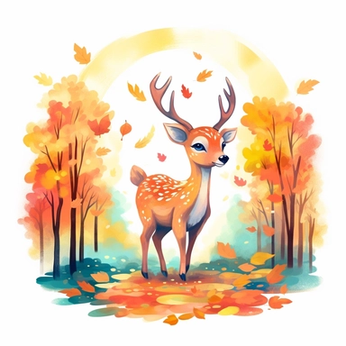 cute vivid clip art of an adorable deer in a fall season forest, bold color, white background