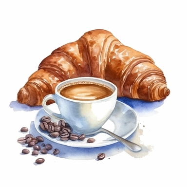 watercolor detailed illustration of croissant and coffee, french cafe decor, clipart, white background