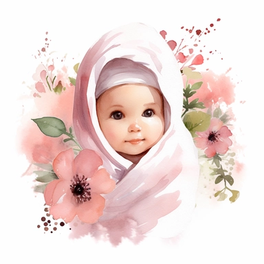 an ultra cute baby girl wrapped in a pink blanket, flower bomb, summer, Watercolor white background clipart