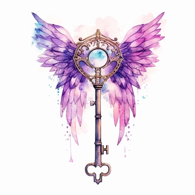 fantasy unique key with wings watercolor clipart, purple, make behind the key mystical, white background