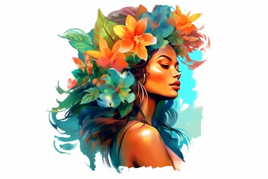 Beautiful hawaiian woman with colorful vibrant tropical flowers, watercolor clipart