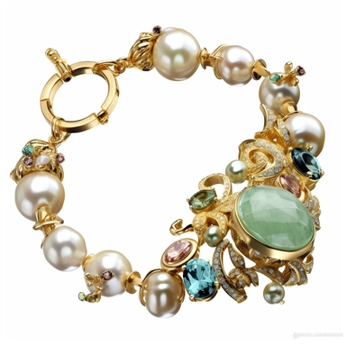 generate a clipart depicting perfect gemstone bracelet with intricate details and a lustrous surface. slender and lightweight small gemstone swarovski charms top view for product sales sophisticated locking ornament S-hook clasp truly timeless elegance premium luxury AAA+ opal adularescence incorporating precious gemstone gold druzy treasure delightful expensive big very clearly baroque pearl luster organic forms gold plated fresh water pearls ornate seamless pattern photo realistic honestly rea