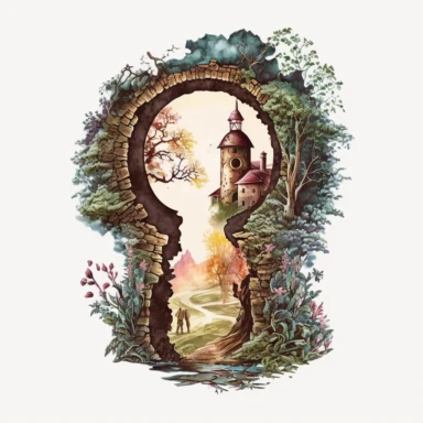 looking through a keyhole to a fantasy scene. artwork medium is watercolor clipart.