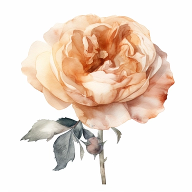 minimalist elegant watercolor of an English Garden Rose in apricot color, clipart, hd, on white background
