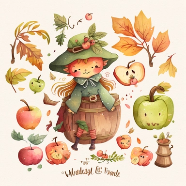 whimsical watercolour cider apple, Apple harvest fall clipart