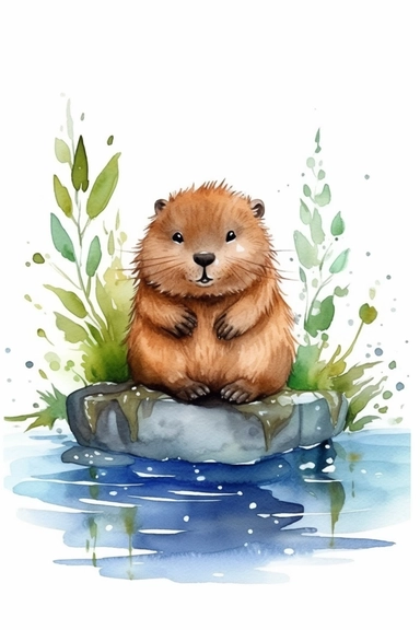 Watercolor Clipart, cute Baby beaver in water, isolated white background