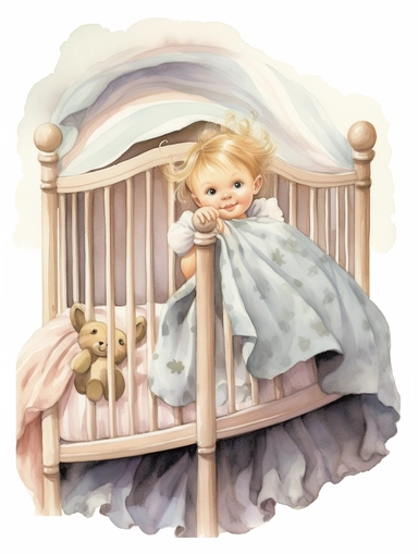 front view, adorable, cute, girls crib, full view, zoom in, done in watercolor, sharp focus, extreme detail, no blur, beautifully carved on white background, sharp focus, extreme detail, no blur, clip art