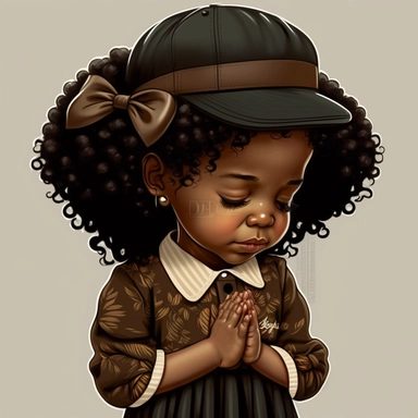 clipart style Afro Latina 7 years old, praying, happy praying hands, curly dark brown hair wearing a beret hat, closed eyes, short sleeve summer dress, dress over the knees.