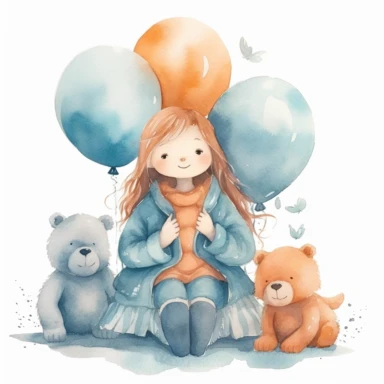 watercolor clipart cute bears with little girl, in the style of uhd image, naturecore, whitcomb-girls, cottagecore, light orange and dark cyan