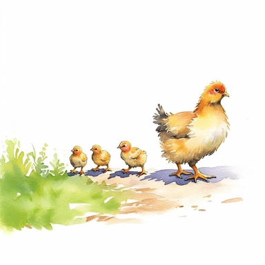 a mother hen leading 3 baby chicks across a barnyard, white background with soft trees in background, clipart, cartoon, watercolor style--q2--v5.1--s1000
