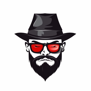 create a logo in clipart style, man with a black hat that has a white band, red glasses, mustache, beard that comes down to a point, white background, fierce expression, evil smile
