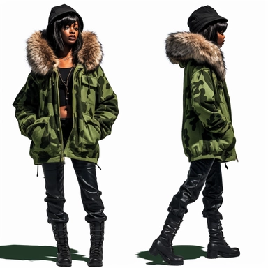 clipart Black woman model pose wearing red black forest green army style camouflage fatigues fur hood sweat suit white background