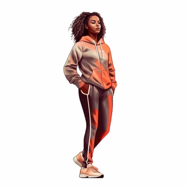 watercolor style, beautiful african american woman wearing tracksuit, hoodie and sneakers, realistic, clipart, isolated on white background, 4K
