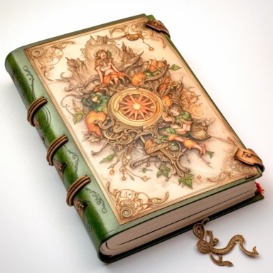 A beautiful watercolor witch's spellbook ,in varying hues of captivating tan, green and orange, leather bound, clasp, stunningly beautiful, refined and sophisticated, Hand drawn, Roberto Ferri, Clipart, watercolor, white background, intricate detail, 45 degree angle