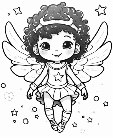 bi-racial fairy, with wings, floating in space with a cute spacesuit, Kawaii for a childrens book, cartoon style, thick lines, black and white, no shading, line drawing illustration, no kid faces, no duplicate faces, blurry, drawing, cartoon, illustration, painting, concept art, cgi, unreal, anime, black&white, b&w, picture frame, deformed, bad anatomy, disfigured, poorly drawn face, mutation, mutated, extra limb, poorly drawn hands, done by bad-artist, ugly, dazed, 3D render, 3D game, 3D game s