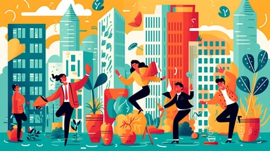 Clipart scene of stock art, Alegria style, corporate memphis style, flat art, bold colors, upbeat, happy, friendly, high resolution, 8k