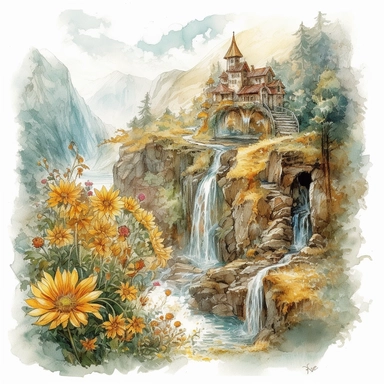 isolated on white illustration watercolor art of a elegant part of waterfall, the landscape from the garden with sunflowers and a road going into the mountains, a lot of sunflowers, masterpiece by Hans Zatzka style and by Josephine Wall style and by Rachel Ruysch style and by Jean-Baptiste Monge style, Art Nouveau Architecture, PNG clipart, isolated on white, extreme photorealistic details, 32k HD resolution, realistic high detailization high resolution