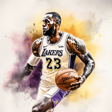 a clipart of a ultra detailed watercolor Lebron James basketball player in Los Angeles Lakers with a Los Angeles Lakers Logo watercolor as background, v4 ar 2:3