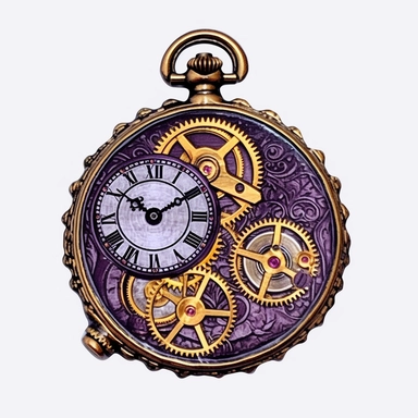 Steampunk pocket watch with a purple face and gold gears, watercolor, Steampunk, dark purple color theme, Detailed, clipart, sweet, png transparent background