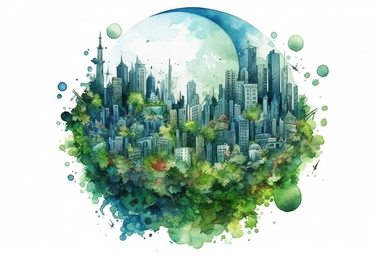 Watercolor, Imagine a planet with a cityscape made entirely of intricate, living vines clipart, hd, on a white background, spaced out