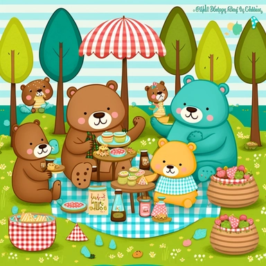 whimsical bear family picnic clipart