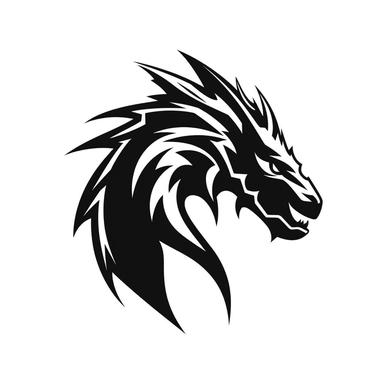 minimalist epic dragon head side-view logo, simplified, silhouette, iconographic symbolism, clipart in coloring page style, black and white, white background