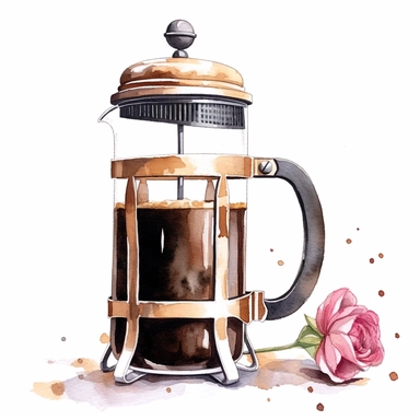 A French coffee press filled with freshly brewed coffee (Watercolor clipart, white background, no text.)