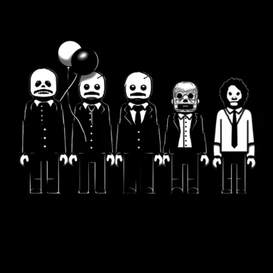 /imaginea set of black line clipart inspired by killer clowns income inequality and The Purge and Lego and Funko Pop toys