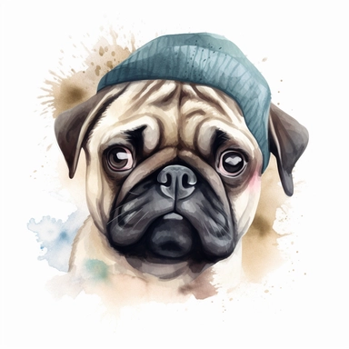 pug in the style of head alone detailed, cartoon style, 2d watercolor clipart vector, creative and imaginative, hd, white background