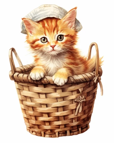 detailed watercolor Kitten in basket with cap , realistic, isolated on a white background, clipart