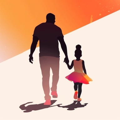 soft illustration of a black father walking with his daughter, jumping and dancing, bold colors, backview minimalist clipart