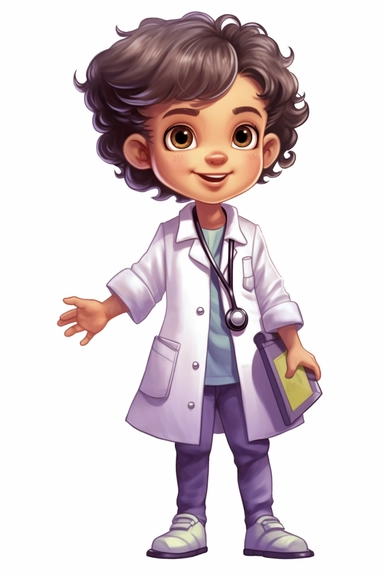 happy cute little girl 5 years old, doctor, folk art, watercolor, clipart elements, smooth gradients, black contour outline, ultra detailed, minimalistic colors, white background, super clear, high quality