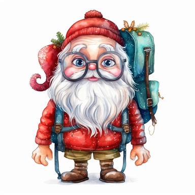 santa laugh and cute big eyes wear big glasses full body , backpack gift , cute funny laugh detailed digital art, whimsical and cute, cute detailed artwork, glimmering, adorable and whimsical, whimsical art, watercolor Clipart style