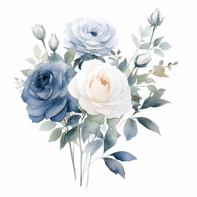 Watercolor dusty blue four roses clipart, four roses bouquet, muted color faded, white background