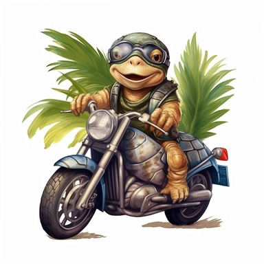 Create a clipart of a cute baby turtle in a leather jacket with a shell on the back and riding a vintage motorcycle. Strong and vibrant colors. Jungle trees before a White Background, soft lighting.