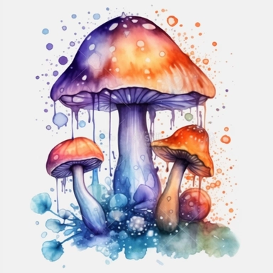 watercolor mystical magic mushrooms clipart with flowers berries, water drips on mushroom, magical illustration, in the style of realism with fantasy elements, drips and splatters, hyper-realistic water, light orange, blue and purple, uhd image, , mesmeri