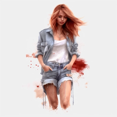 glamour model posing, red hair ripped jean shorts, full length, watercolour style, fine details, 8k clipart png transparent